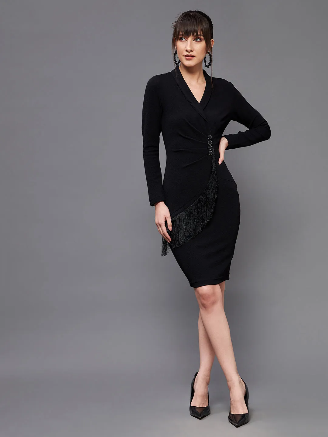 Crease Ease Women's Black Solid Collared Neck Full Sleeve Bodycon Knee Length Blazer Dress