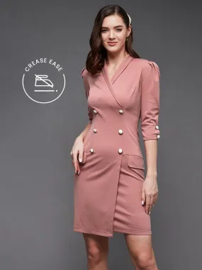 Crease Ease Women's Dusty Pink Solid Double Breasted Knee Length Dress