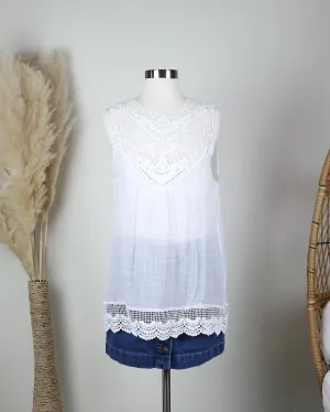 Crochet Lace Gauzy Sleeveless Tank Top in White