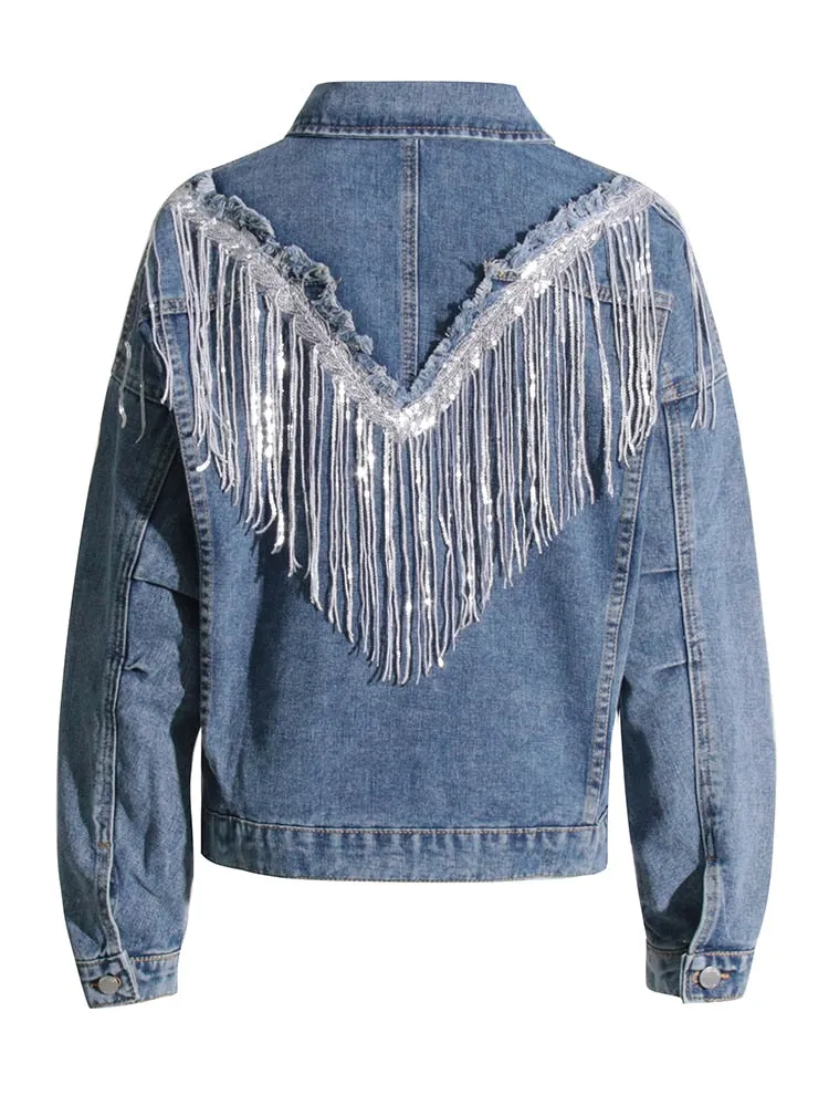 Denim Solid Jackets For Women Lapel Long Sleeve Splcied Tassel Autumn Fashion Clothing Jacket Female Fashion