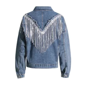 Denim Solid Jackets For Women Lapel Long Sleeve Splcied Tassel Autumn Fashion Clothing Jacket Female Fashion