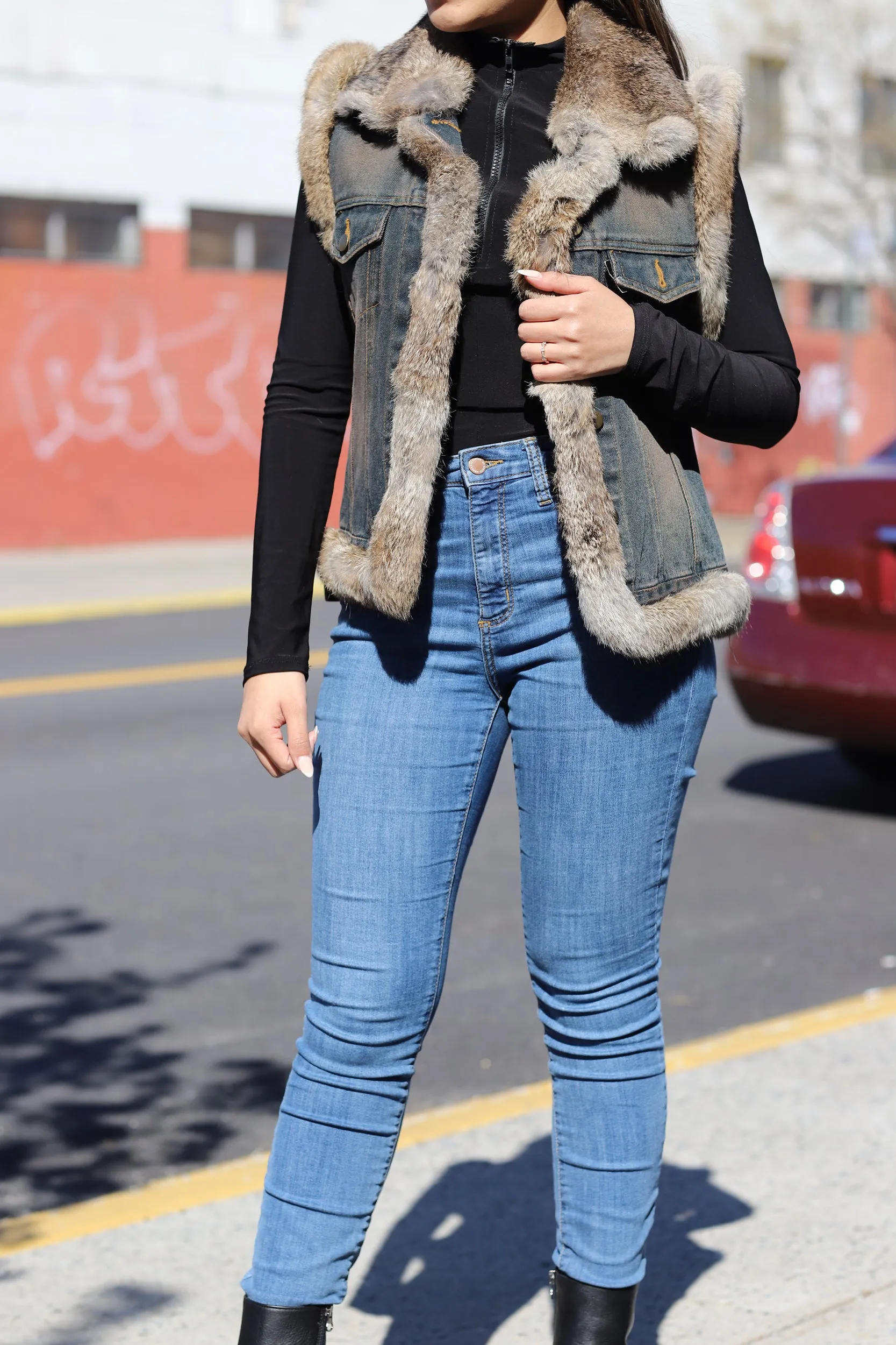 Denim Vest with Fur Trim - Natural