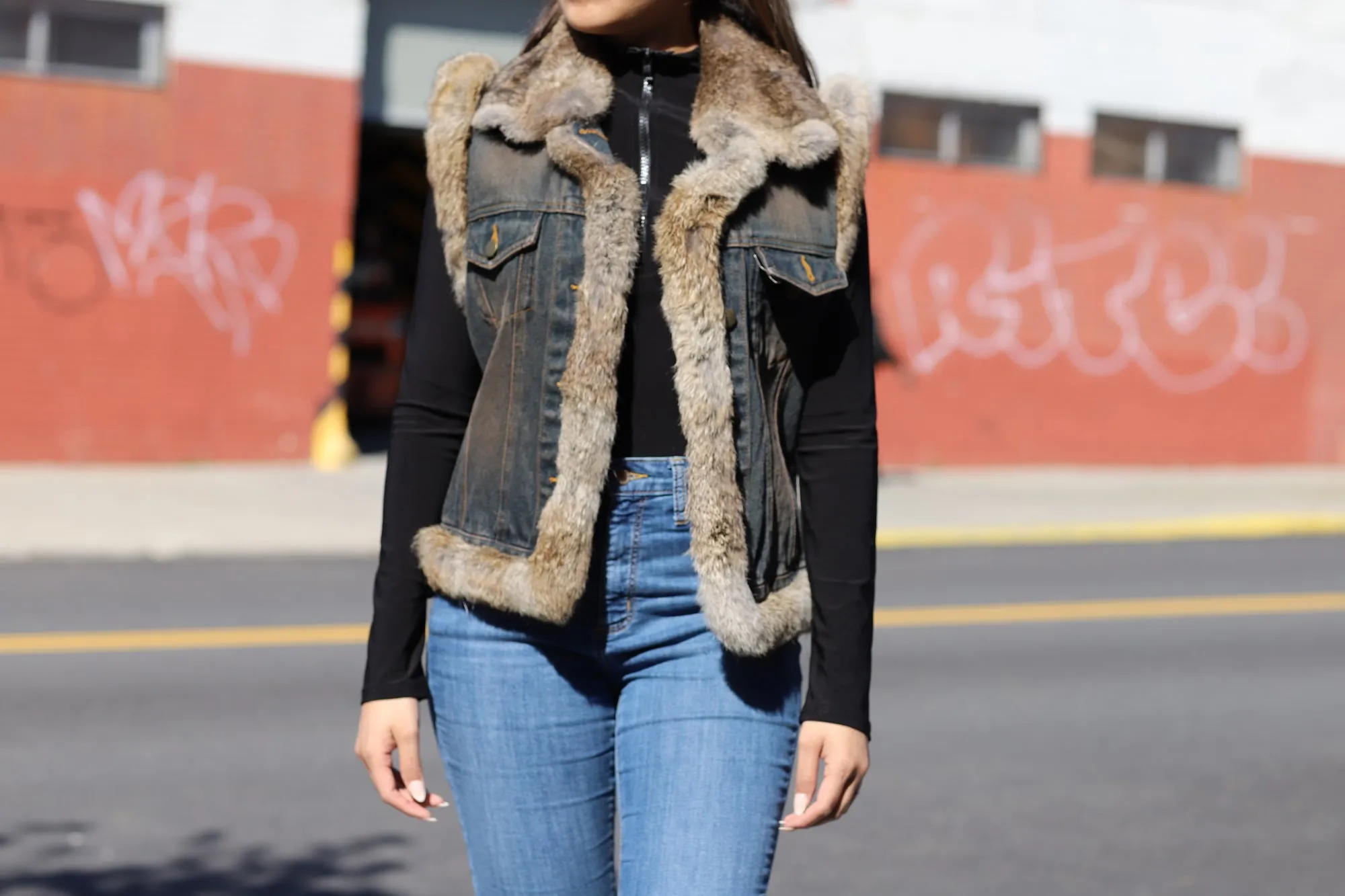 Denim Vest with Fur Trim - Natural