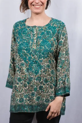 Dolma Embroidered Silk Tunic Top in Emerald