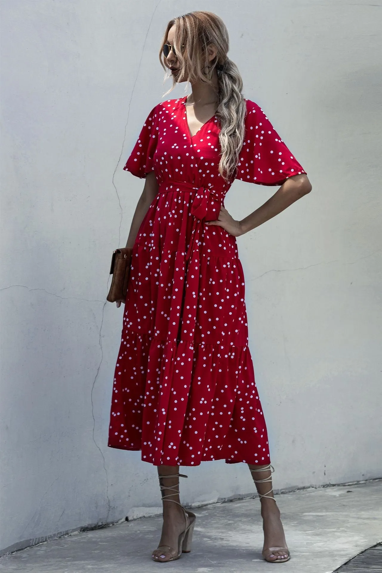 Dot Print V Neck Women Boho Style Summer Beach Long Dress