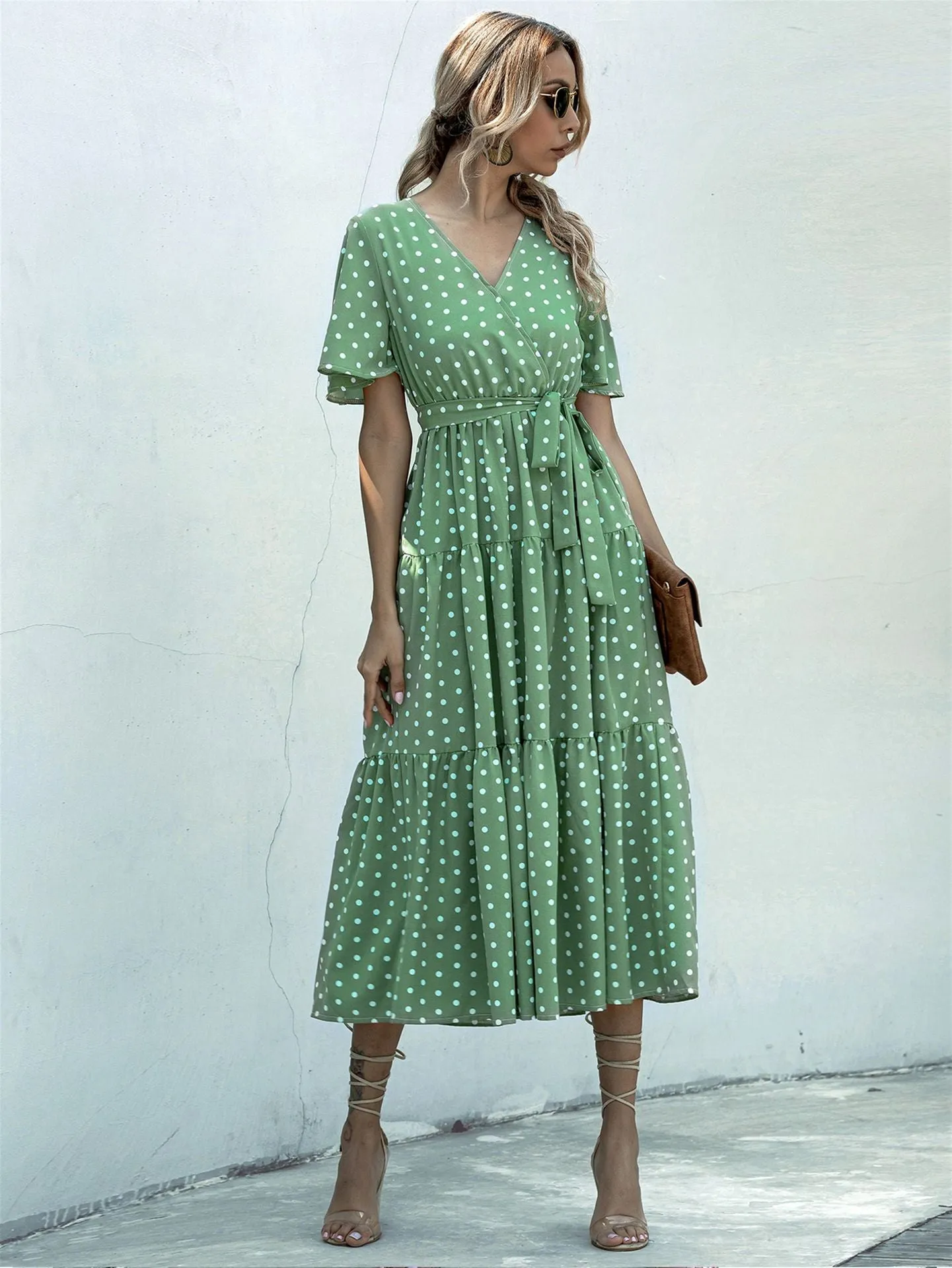 Dot Print V Neck Women Boho Style Summer Beach Long Dress