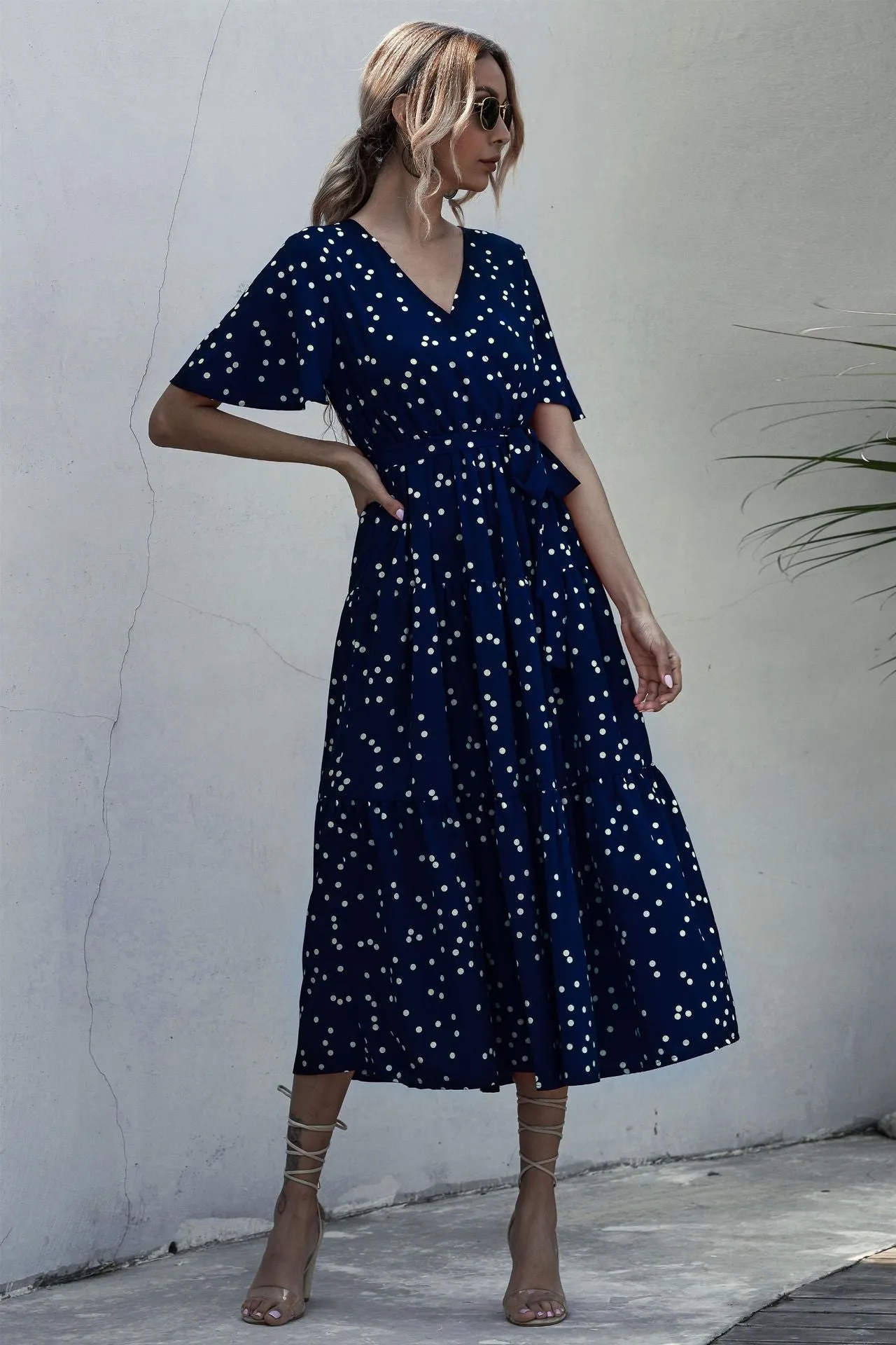 Dot Print V Neck Women Boho Style Summer Beach Long Dress