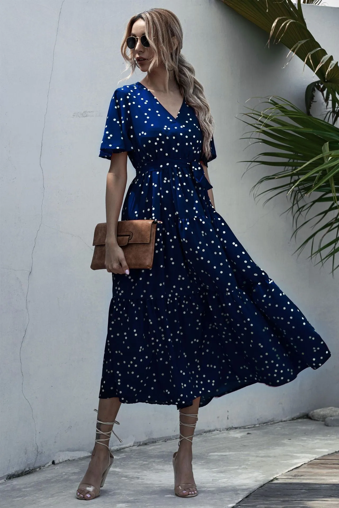 Dot Print V Neck Women Boho Style Summer Beach Long Dress