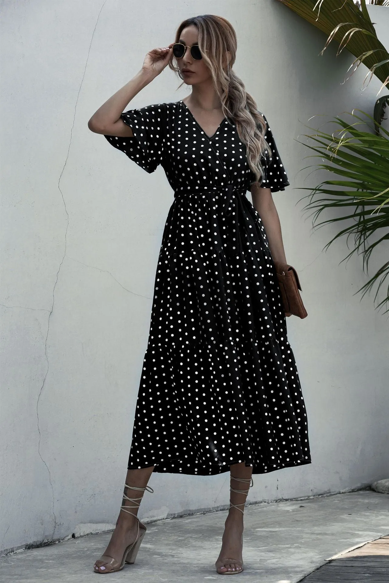 Dot Print V Neck Women Boho Style Summer Beach Long Dress