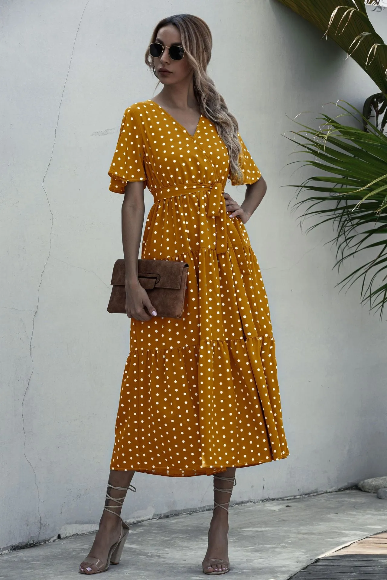 Dot Print V Neck Women Boho Style Summer Beach Long Dress