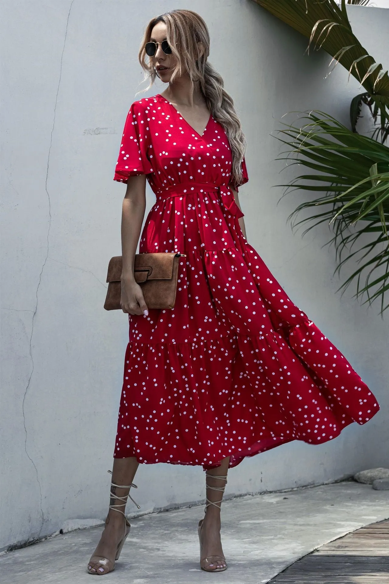 Dot Print V Neck Women Boho Style Summer Beach Long Dress