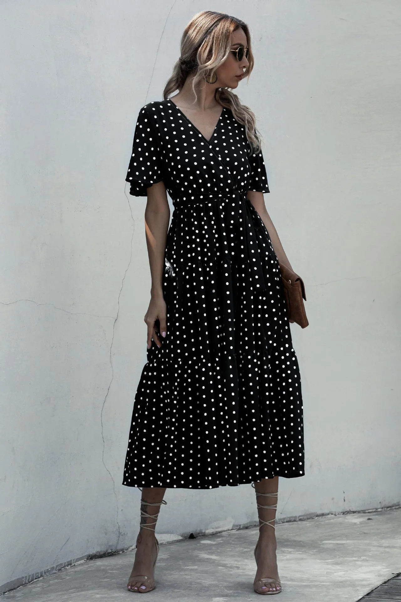 Dot Print V Neck Women Boho Style Summer Beach Long Dress