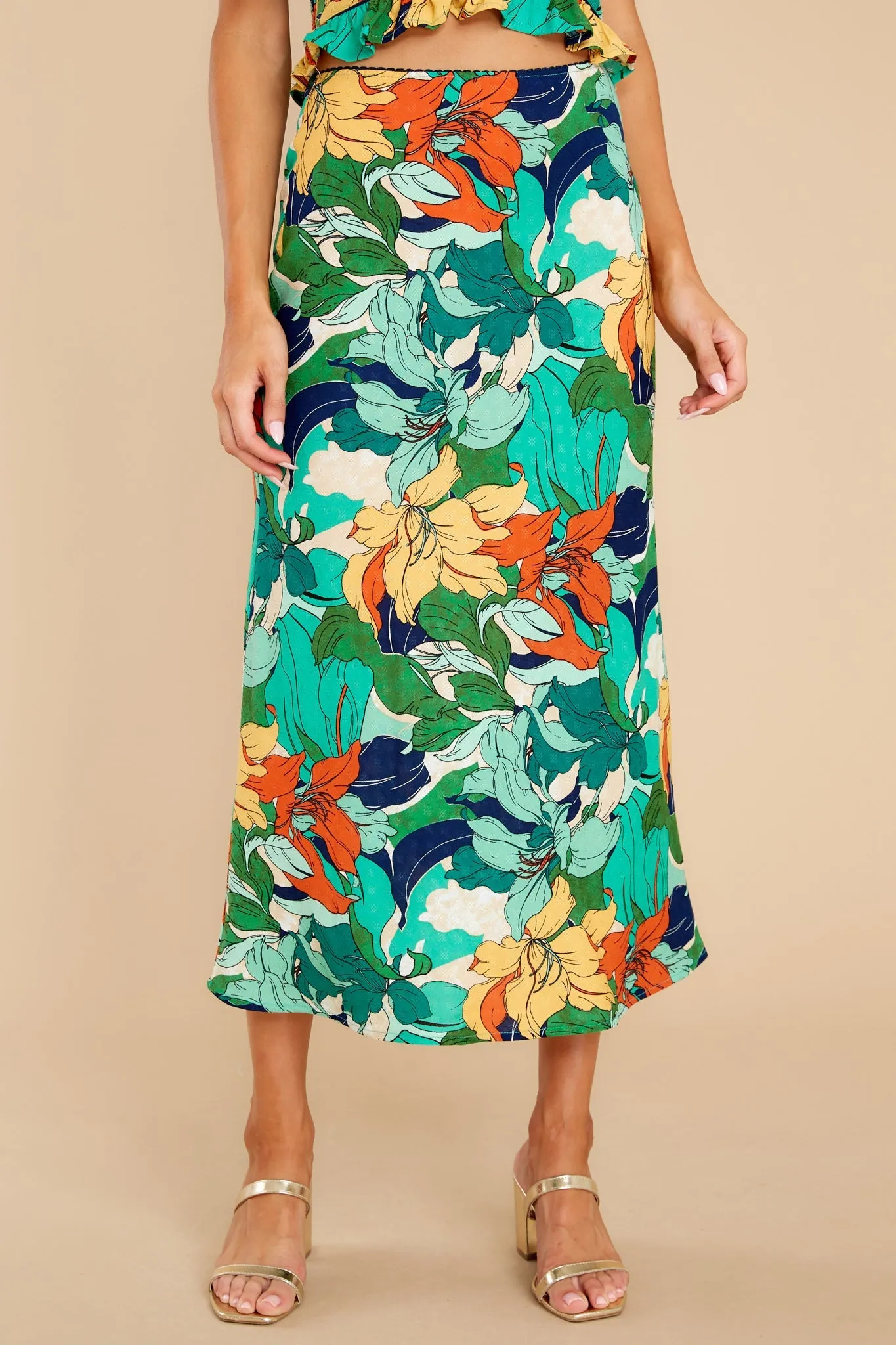 Erica Green Floral Midi Slip Skirt