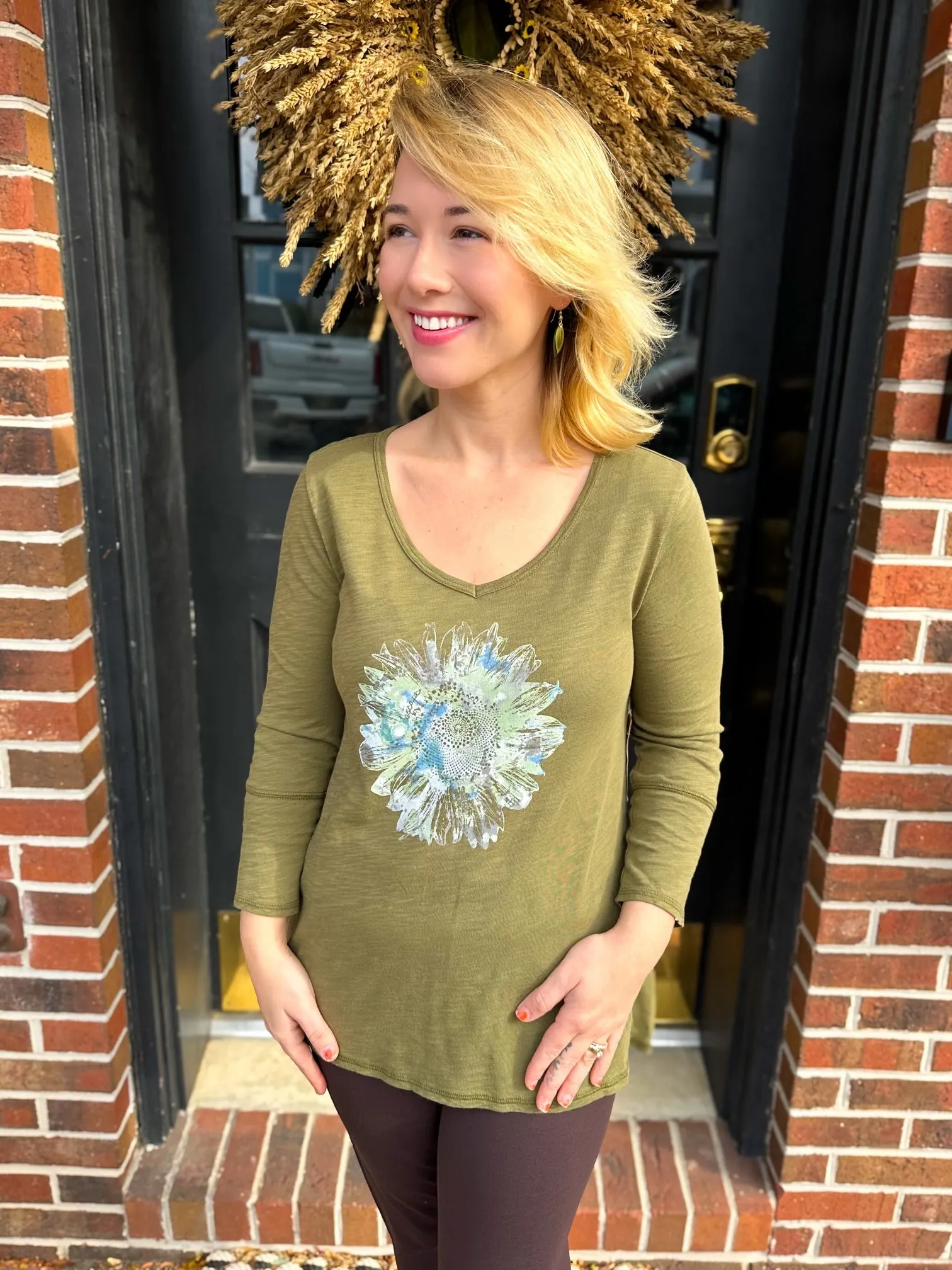 Escape by Habitat Olive Flower Graphic V-Neck Cotton Tunic