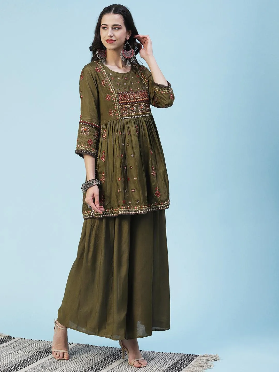 Ethnic Embroidered Solid Peplum Kurta with Palazzo & Dupatta - Olive