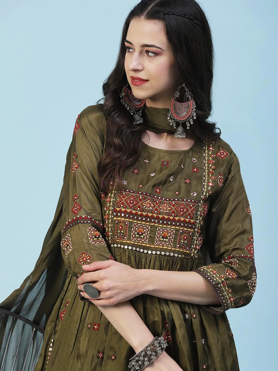 Ethnic Embroidered Solid Peplum Kurta with Palazzo & Dupatta - Olive