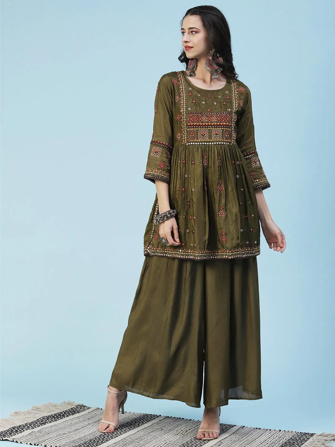 Ethnic Embroidered Solid Peplum Kurta with Palazzo & Dupatta - Olive