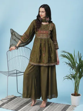 Ethnic Embroidered Solid Peplum Kurta with Palazzo & Dupatta - Olive