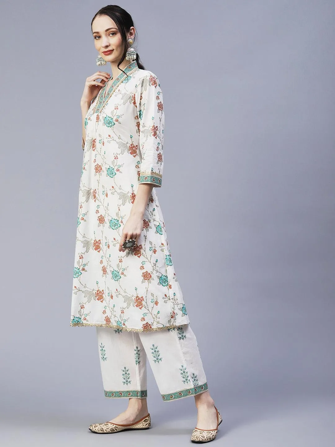 Ethnic Floral Foil Printed & Embroidered A-Line Kurta with Palazzo - Off White