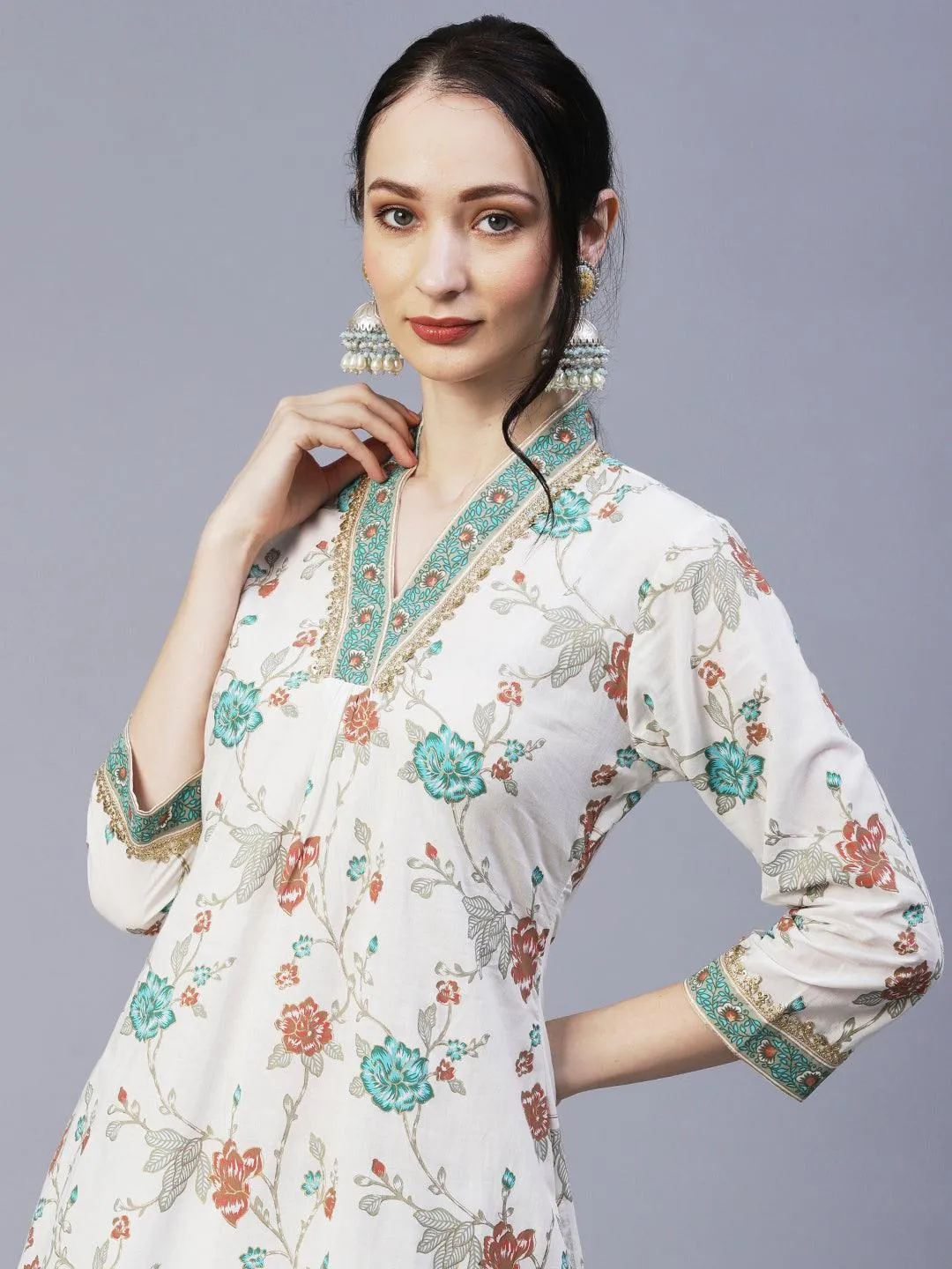 Ethnic Floral Foil Printed & Embroidered A-Line Kurta with Palazzo - Off White