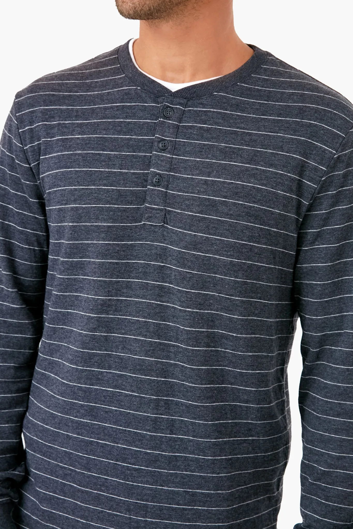 Faded Black White Stripe Double Knit Henley