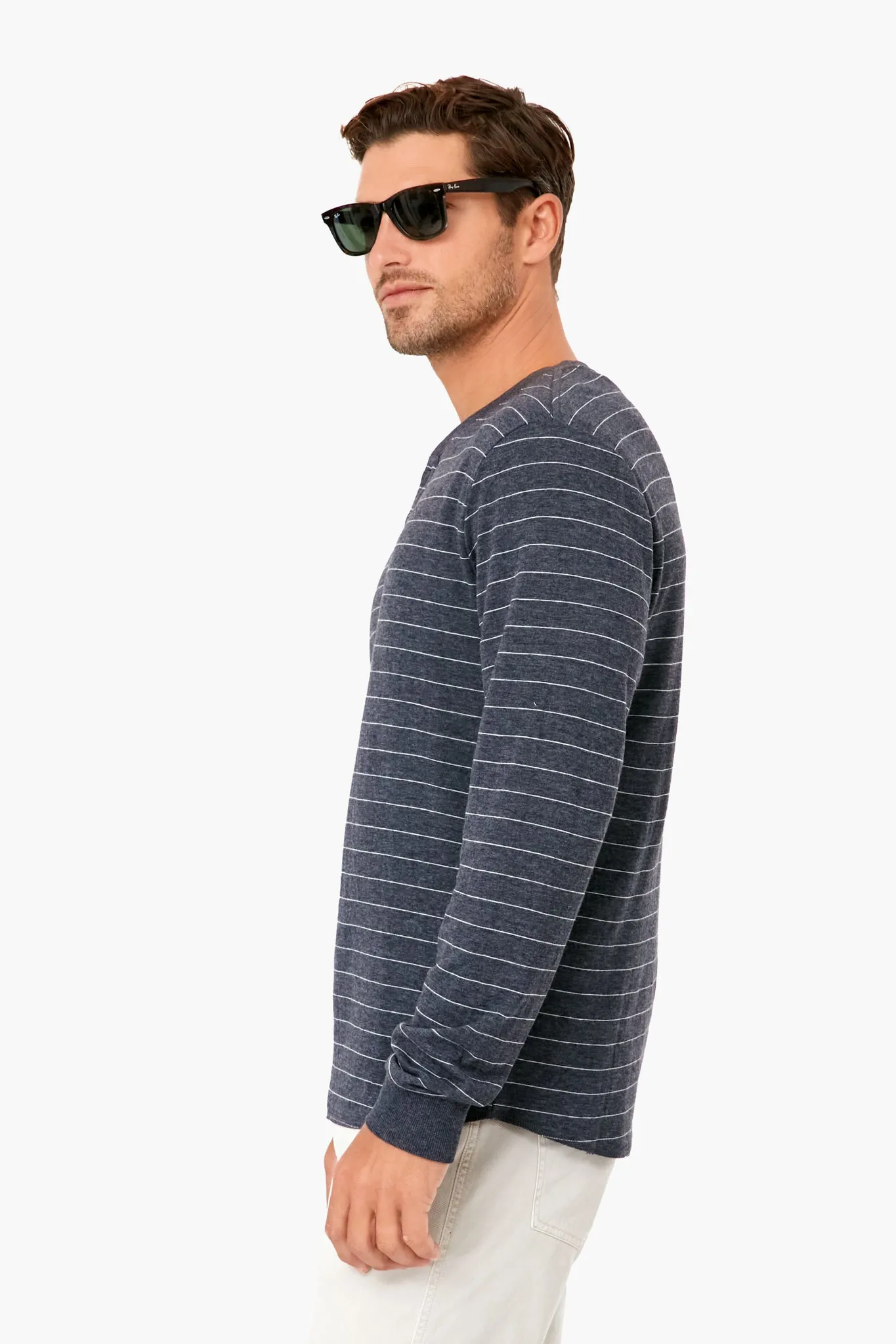 Faded Black White Stripe Double Knit Henley