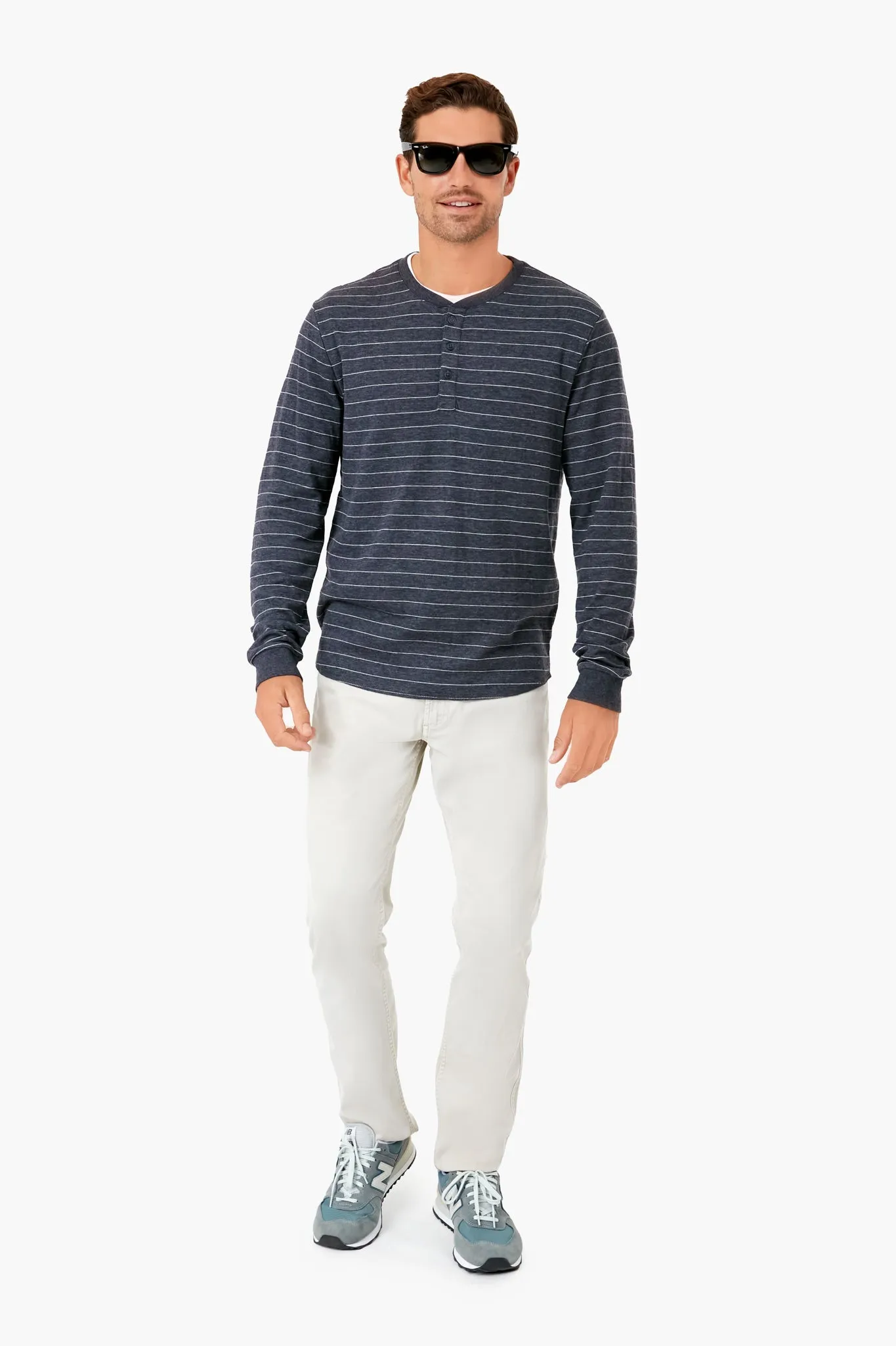 Faded Black White Stripe Double Knit Henley