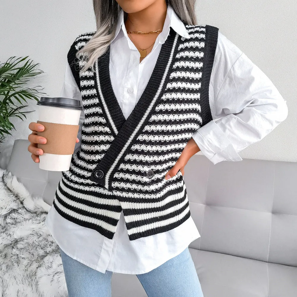 Fashion Striped Knitted Vest Sweater Wholesale Women