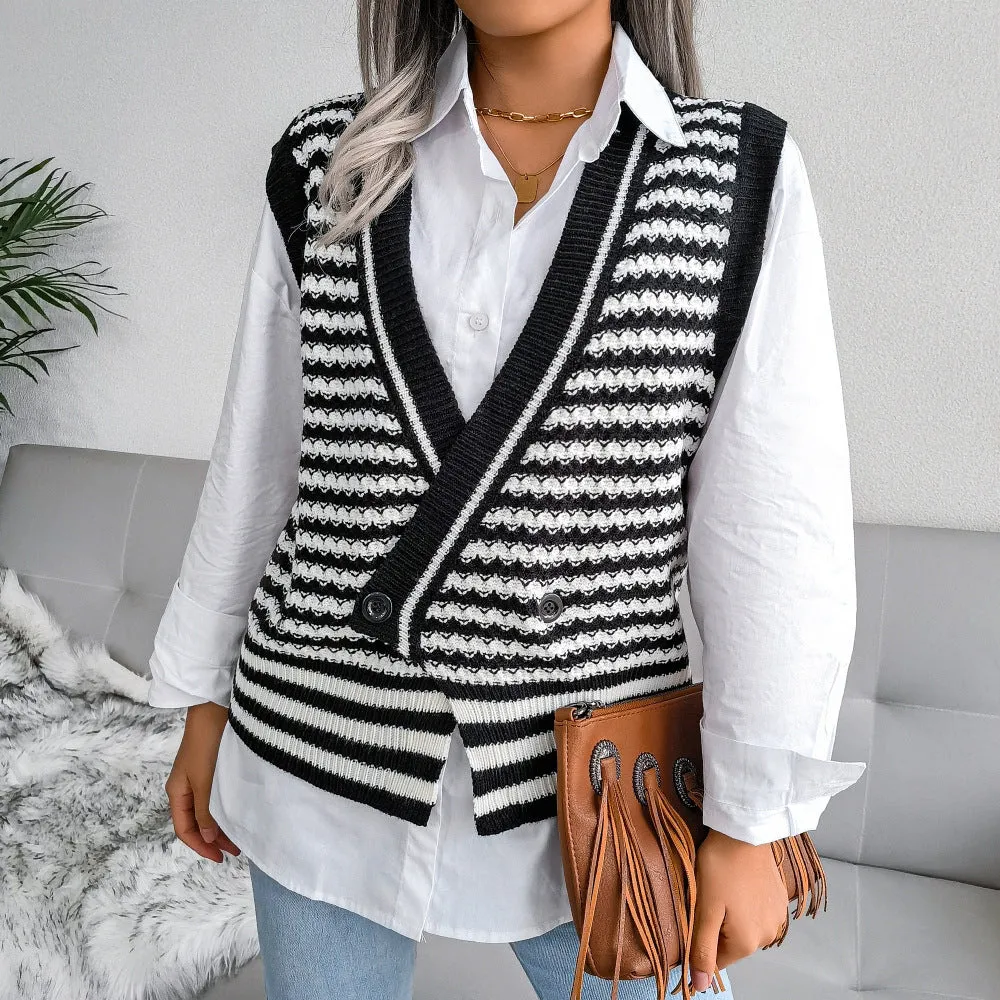 Fashion Striped Knitted Vest Sweater Wholesale Women