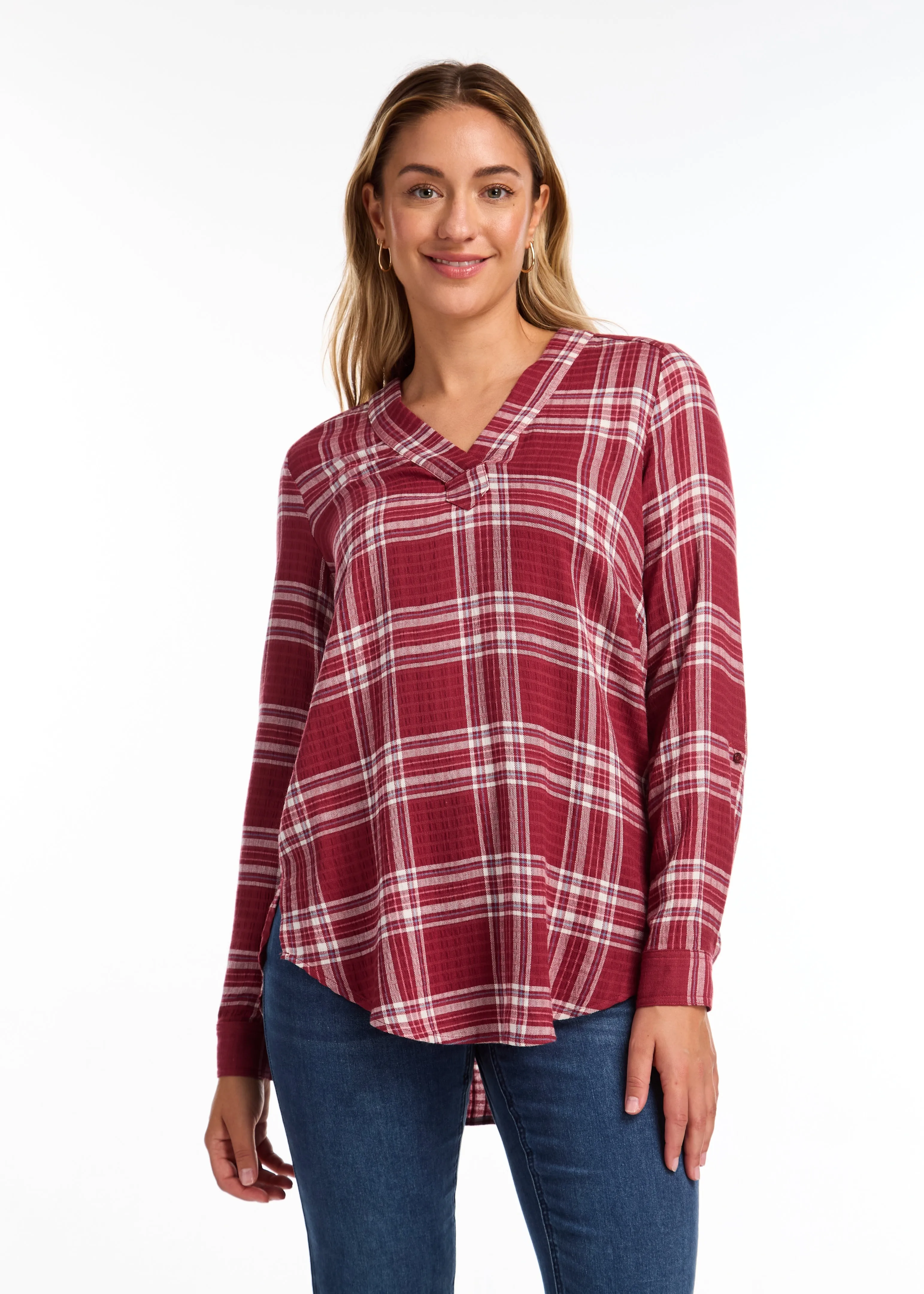 FDJ Popover Check Textured Tunic Top 7032880-RRP Rust Red Plaid