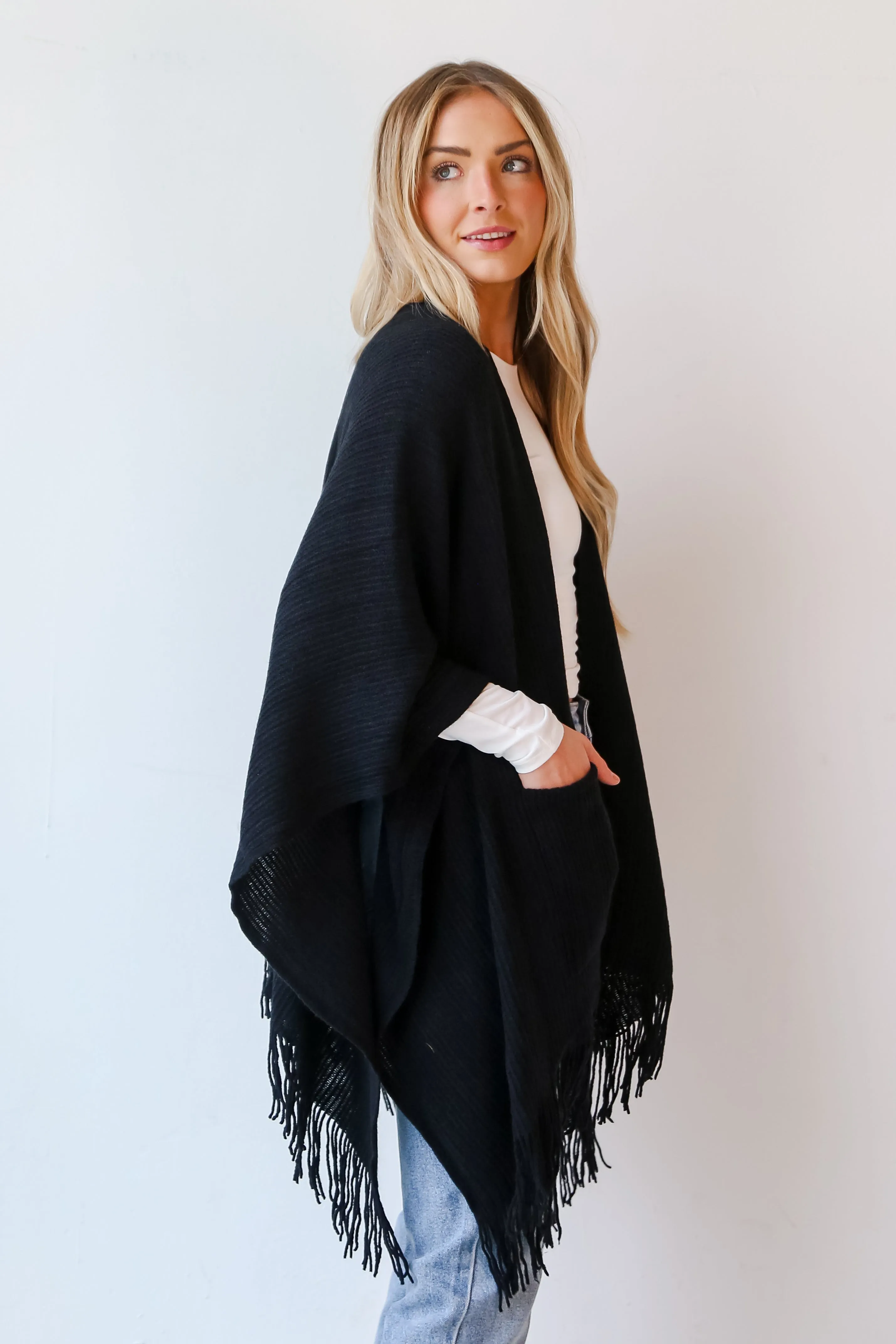 FINAL SALE - Warmer Love Black Fringe Shawl - DOORBUSTER