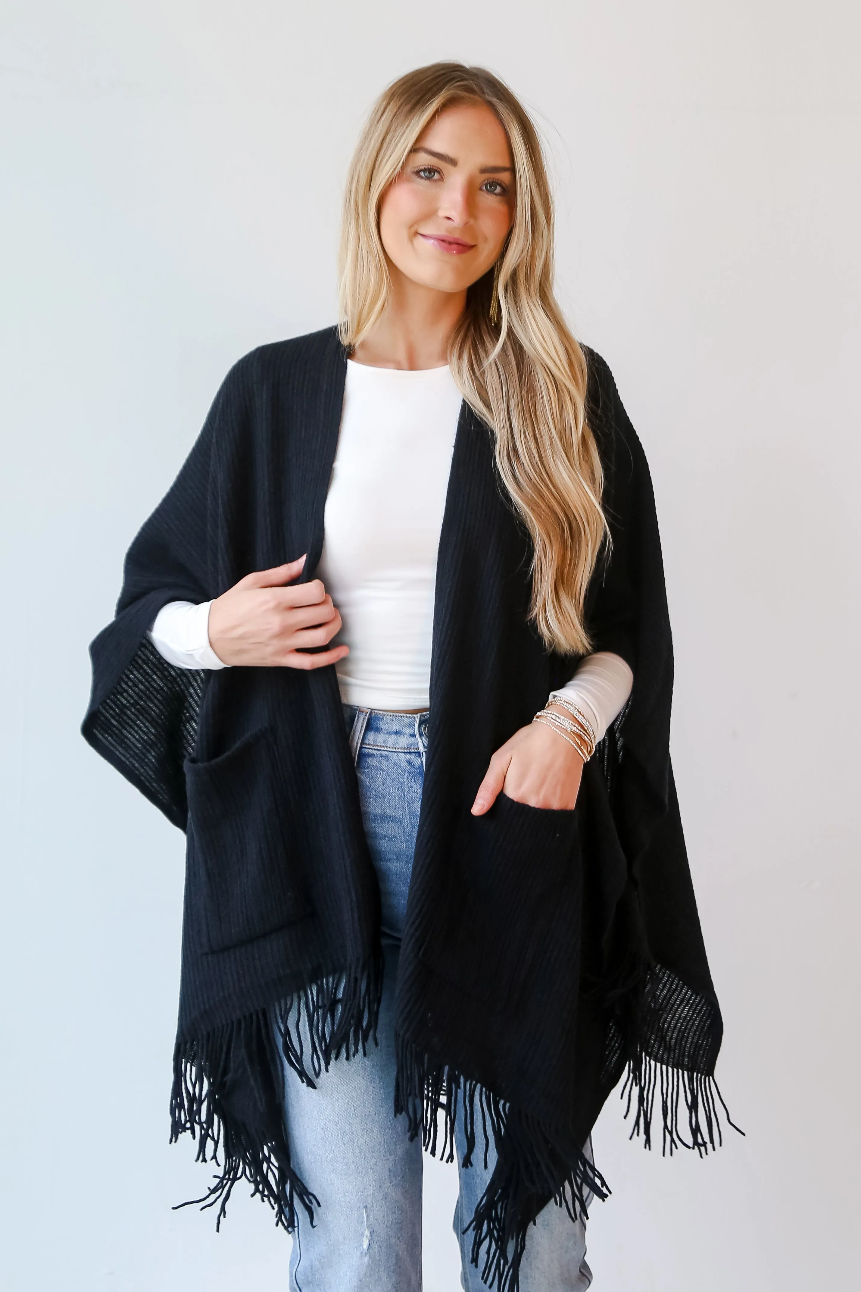 FINAL SALE - Warmer Love Black Fringe Shawl - DOORBUSTER