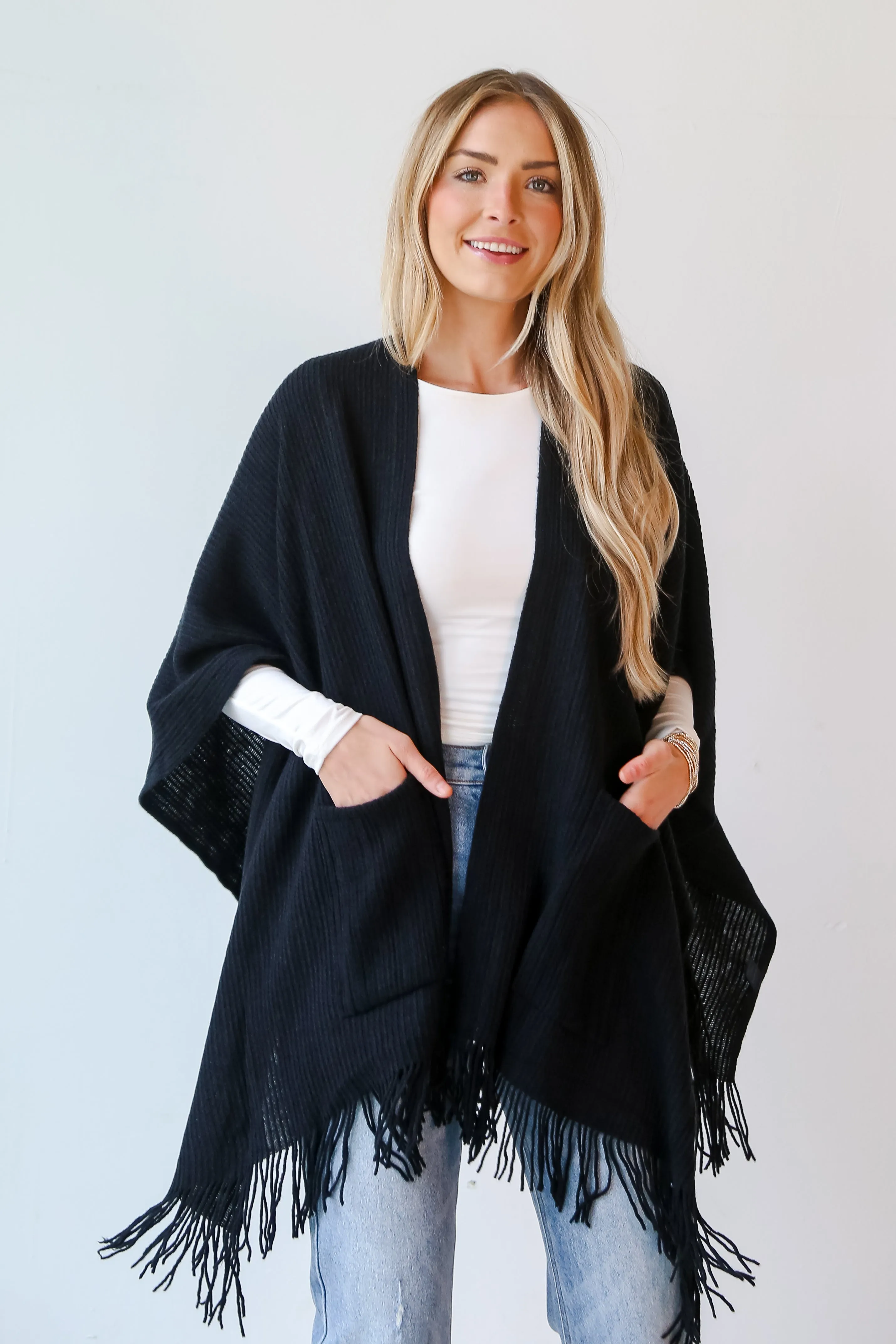 FINAL SALE - Warmer Love Black Fringe Shawl - DOORBUSTER