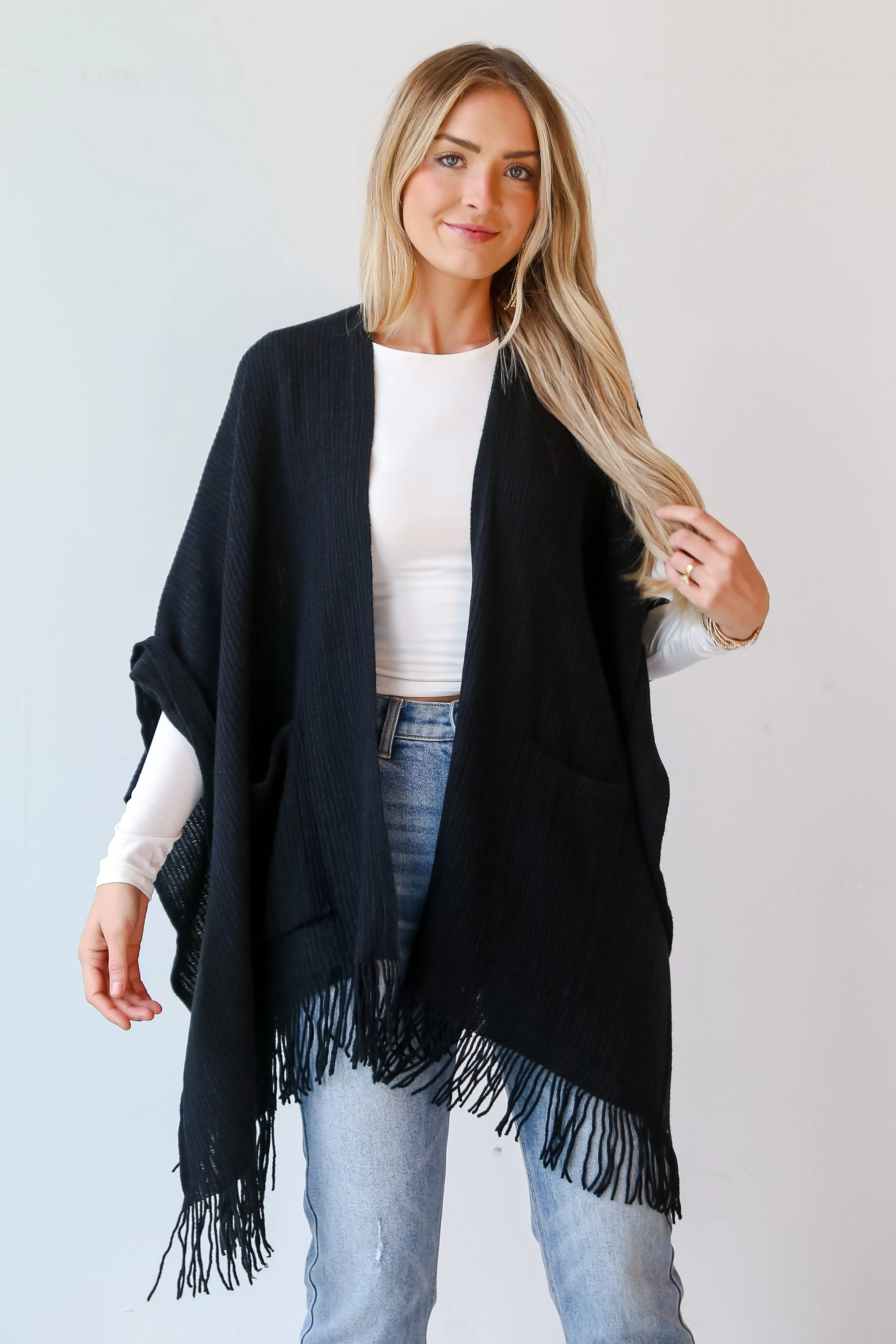 FINAL SALE - Warmer Love Black Fringe Shawl - DOORBUSTER