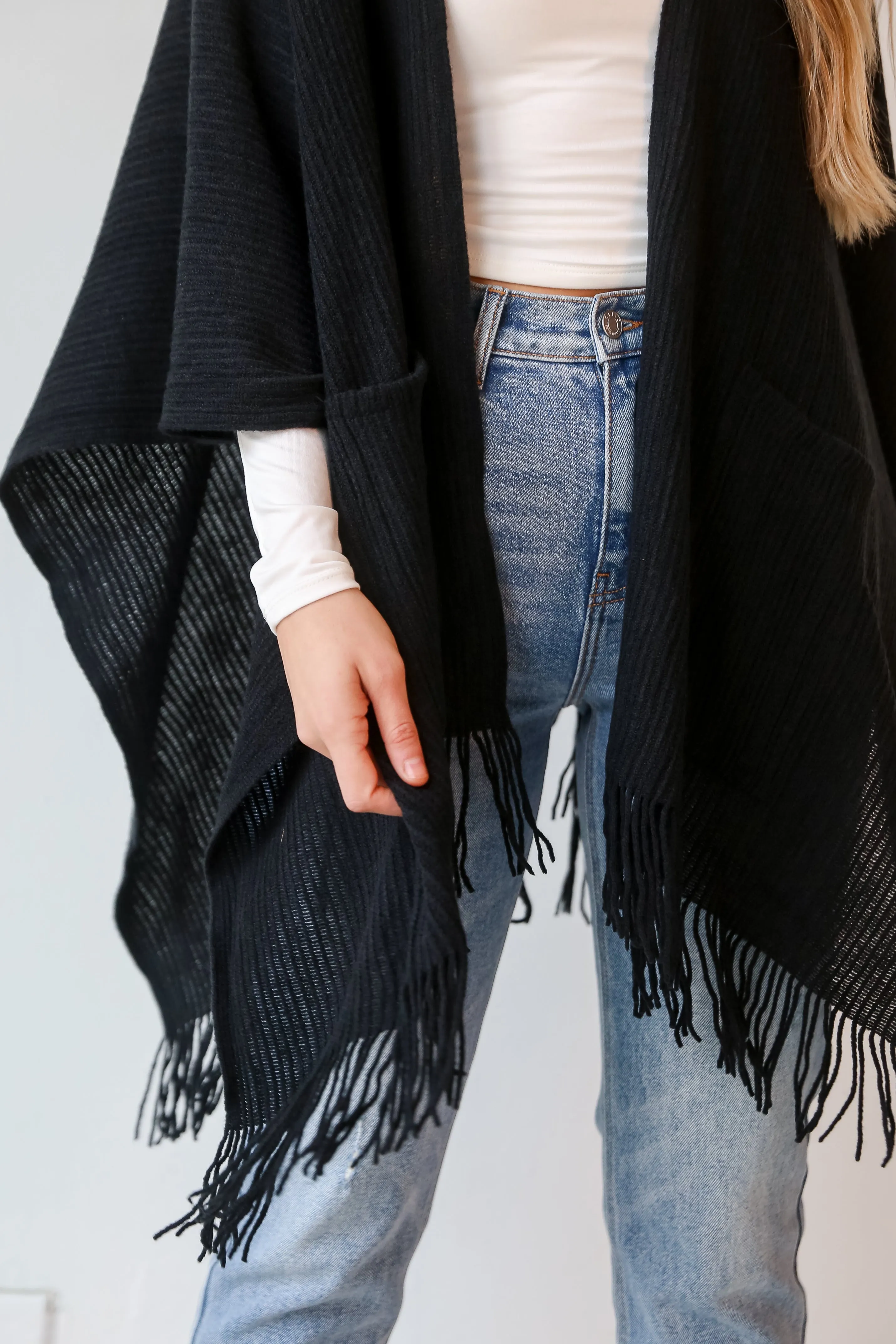 FINAL SALE - Warmer Love Black Fringe Shawl - DOORBUSTER