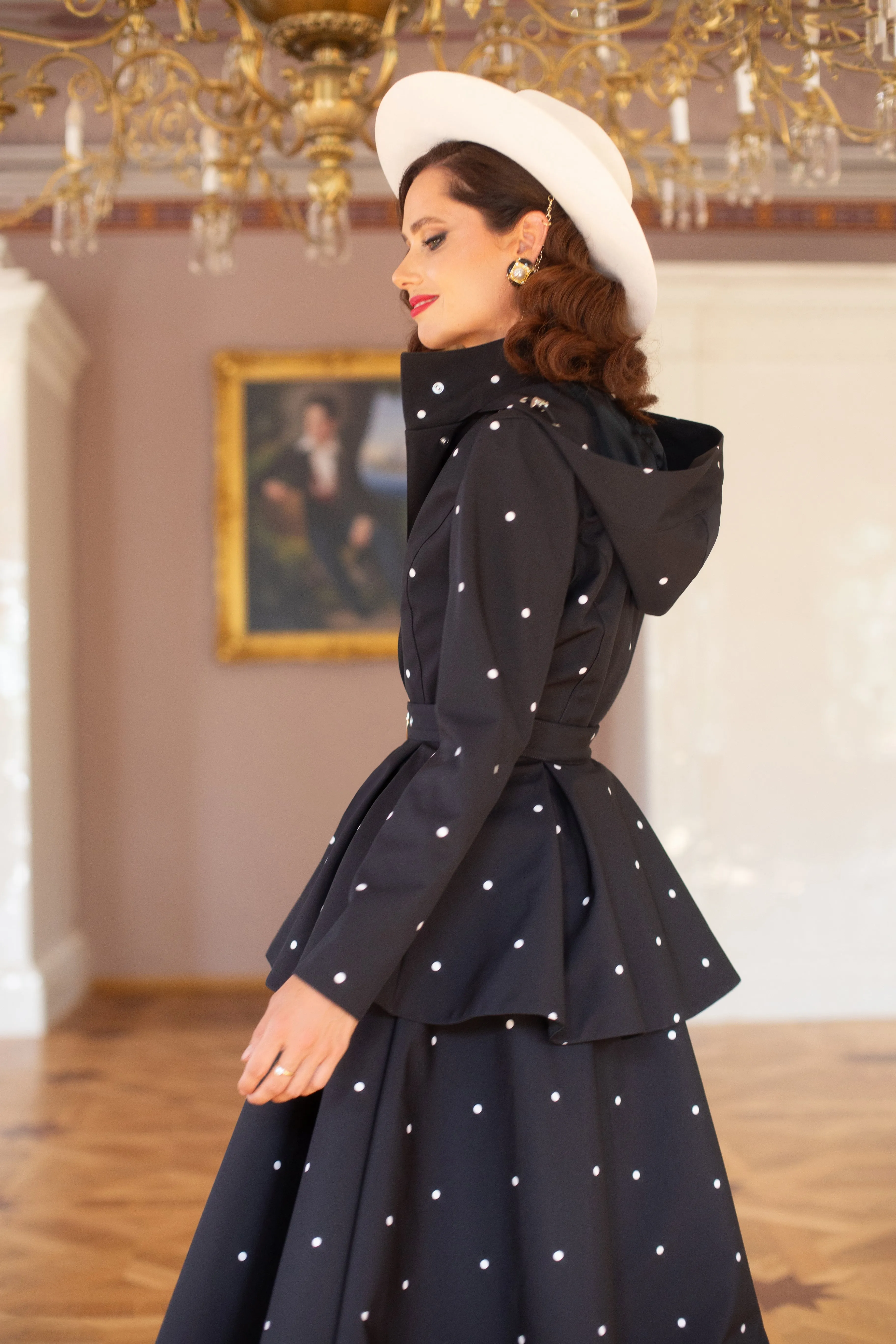 Fitted and Flared Coat with A-Line Skirt in Black with Polka Dots