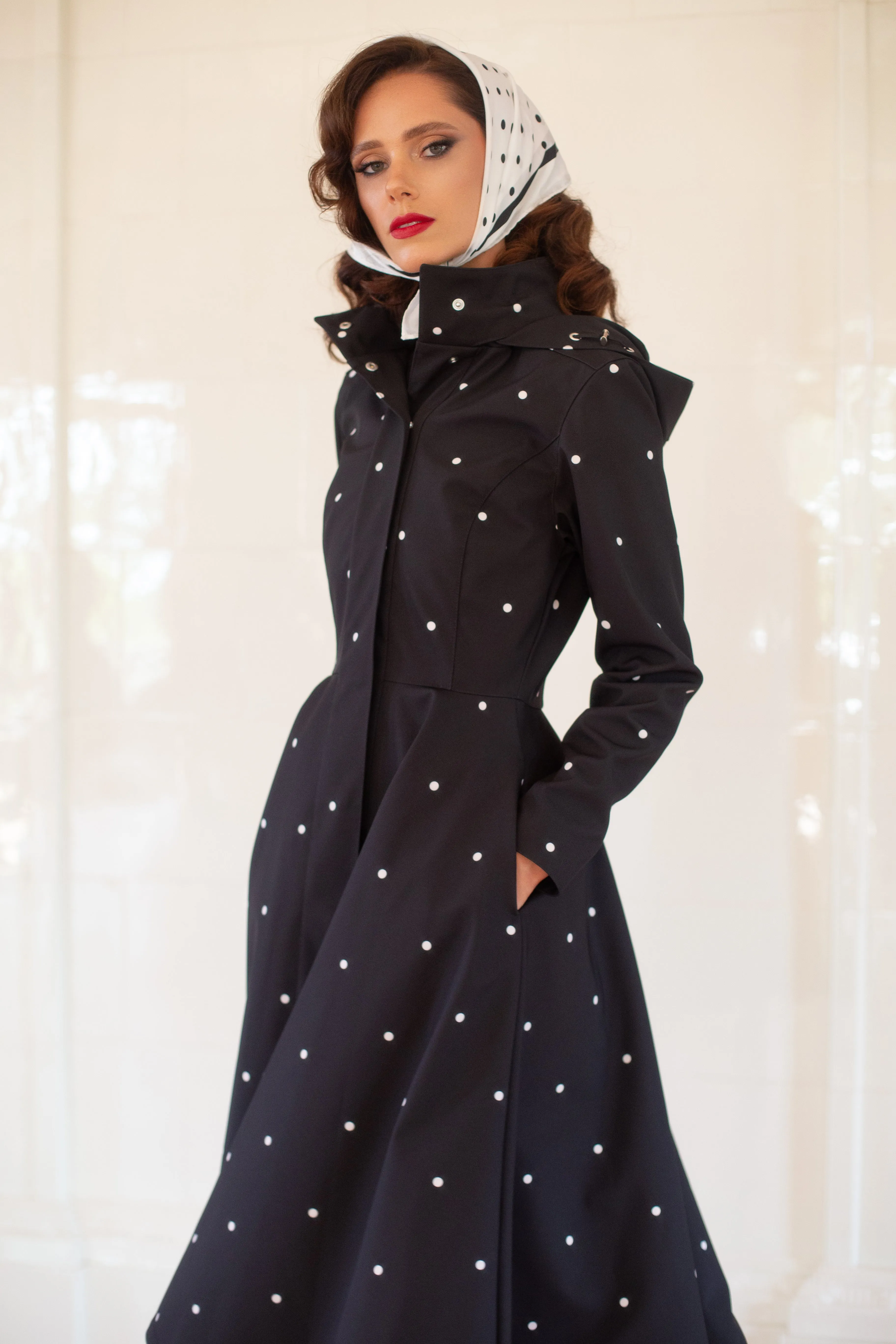 Fitted and Flared Coat with A-Line Skirt in Black with Polka Dots