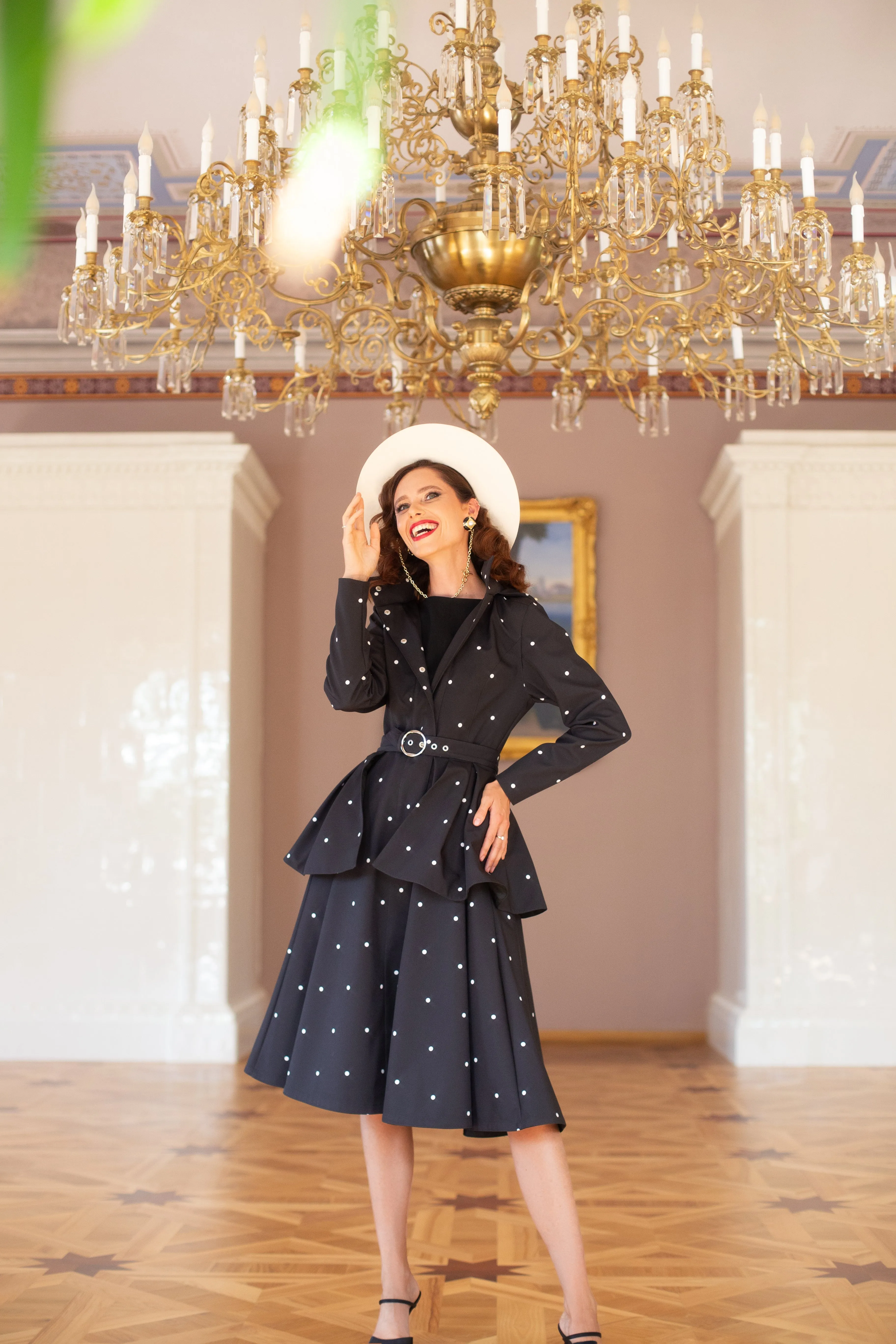 Fitted and Flared Coat with A-Line Skirt in Black with Polka Dots