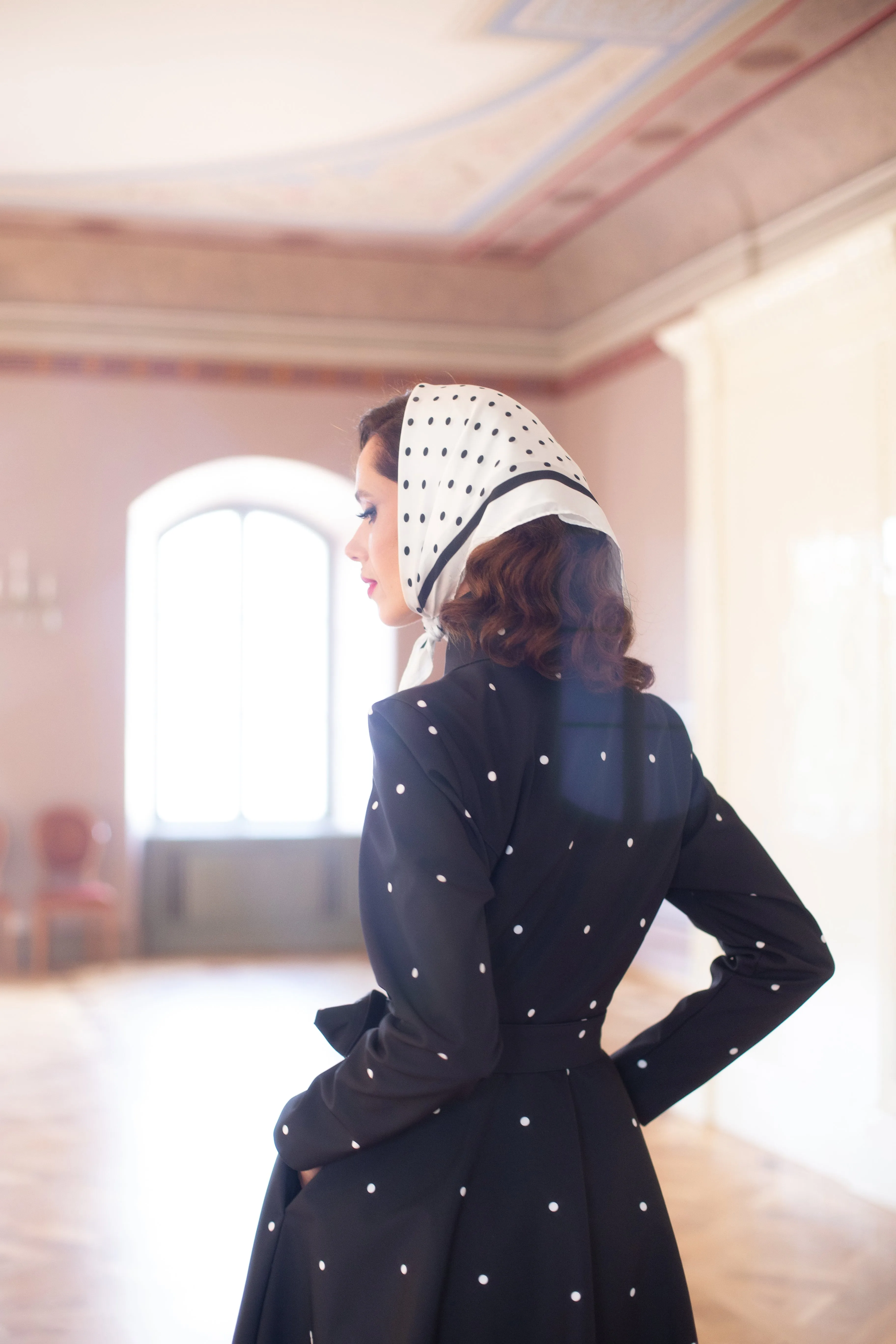 Fitted and Flared Coat with A-Line Skirt in Black with Polka Dots