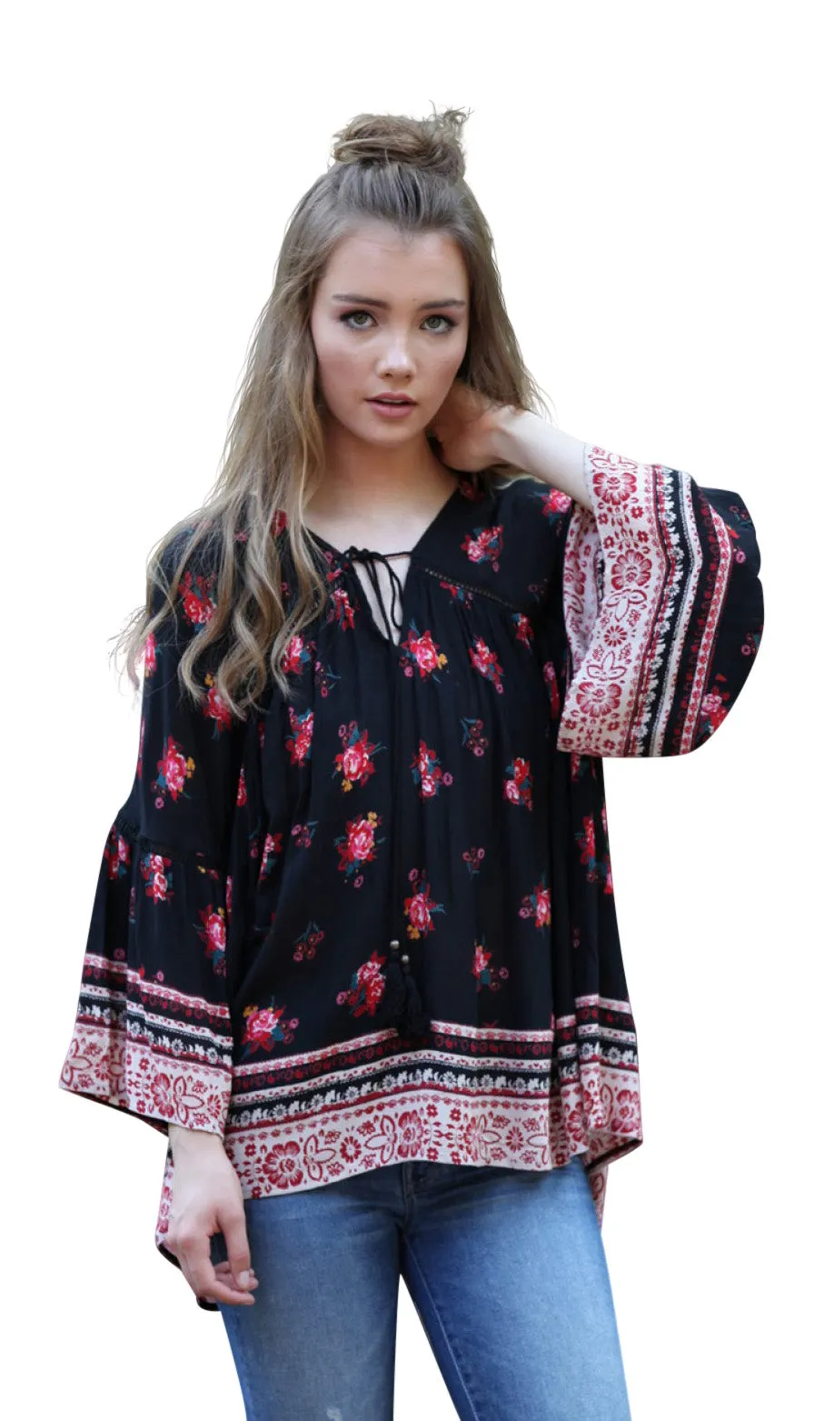 Floral Print Peasant Top, Black & Red