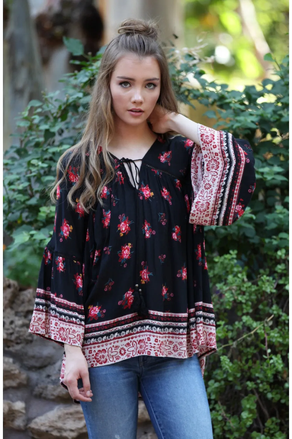 Floral Print Peasant Top, Black & Red