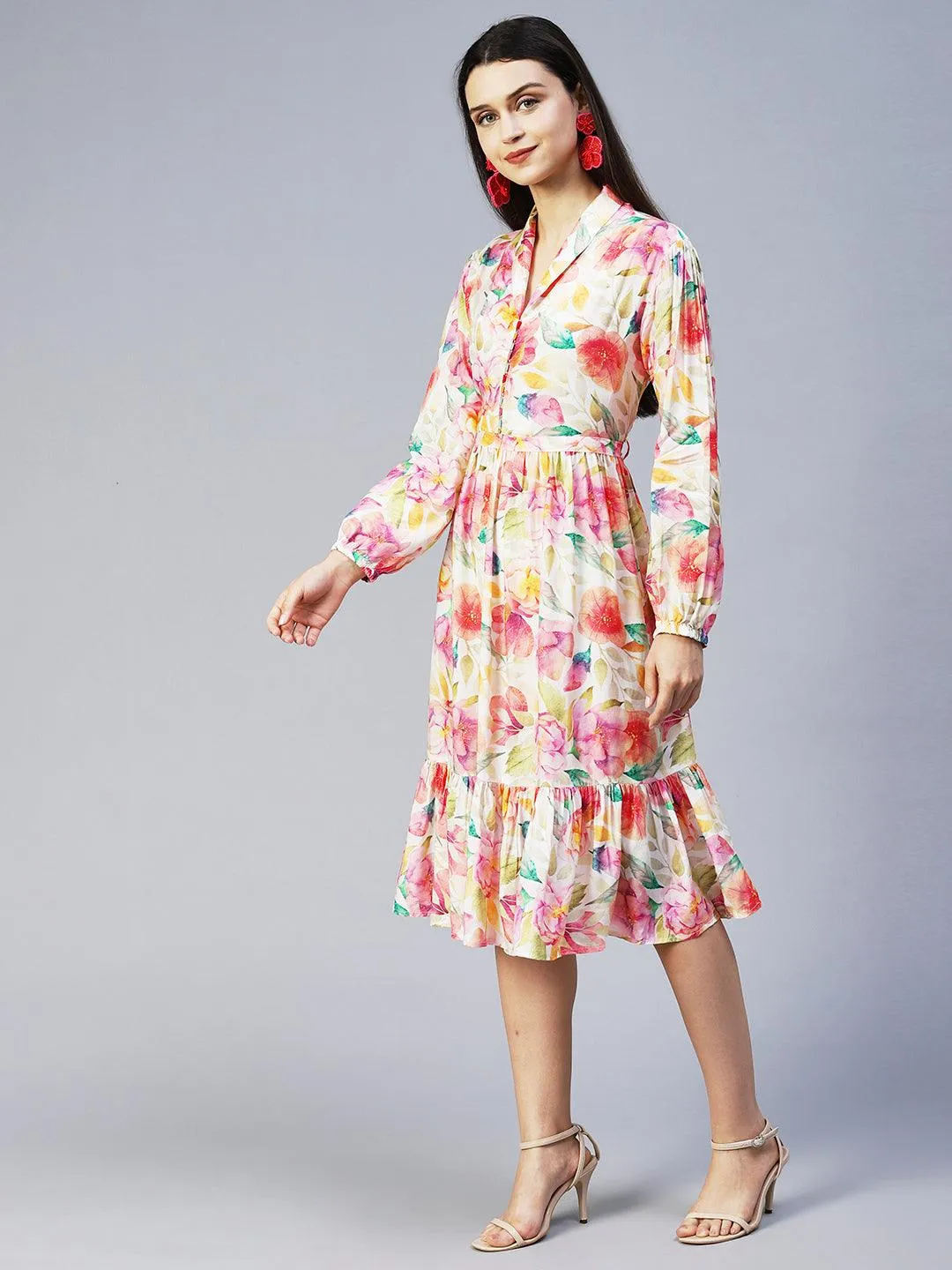 Floral Printed A-Line Midi Dress - Multi