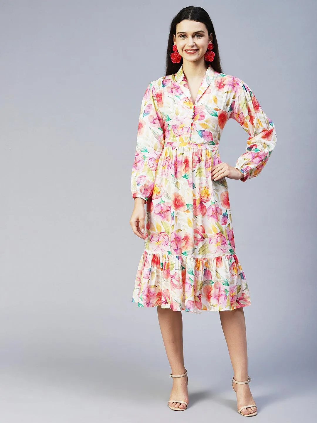 Floral Printed A-Line Midi Dress - Multi