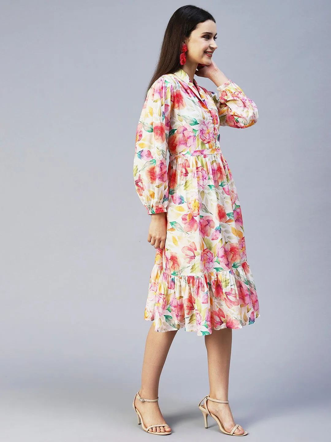 Floral Printed A-Line Midi Dress - Multi