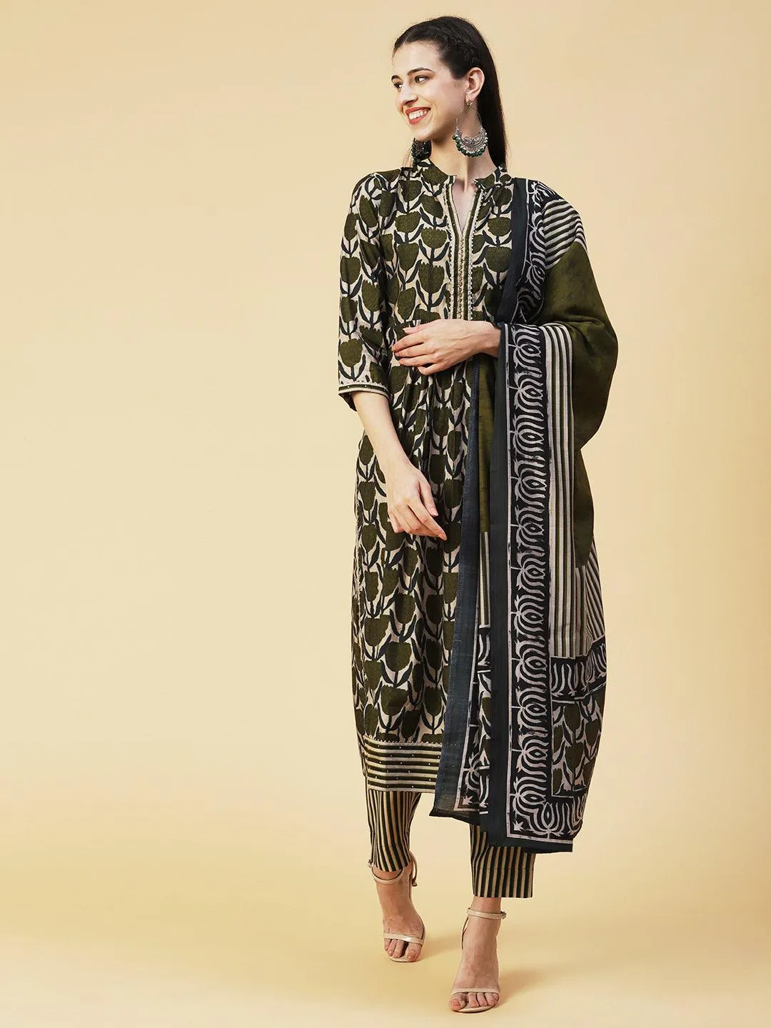 Floral Printed Beads Embroidered Kurta With Pants & Dupatta - Olive Green