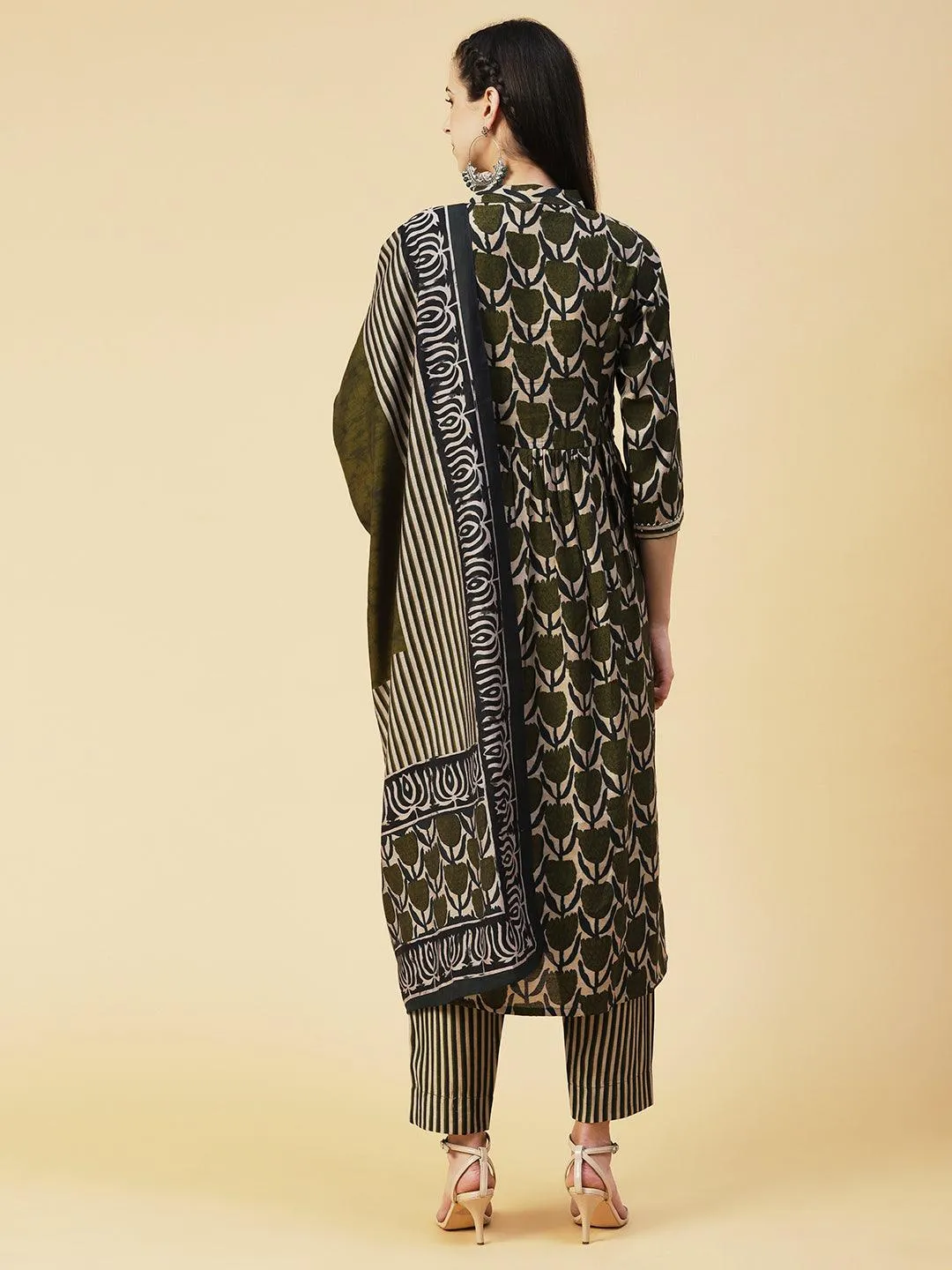 Floral Printed Beads Embroidered Kurta With Pants & Dupatta - Olive Green