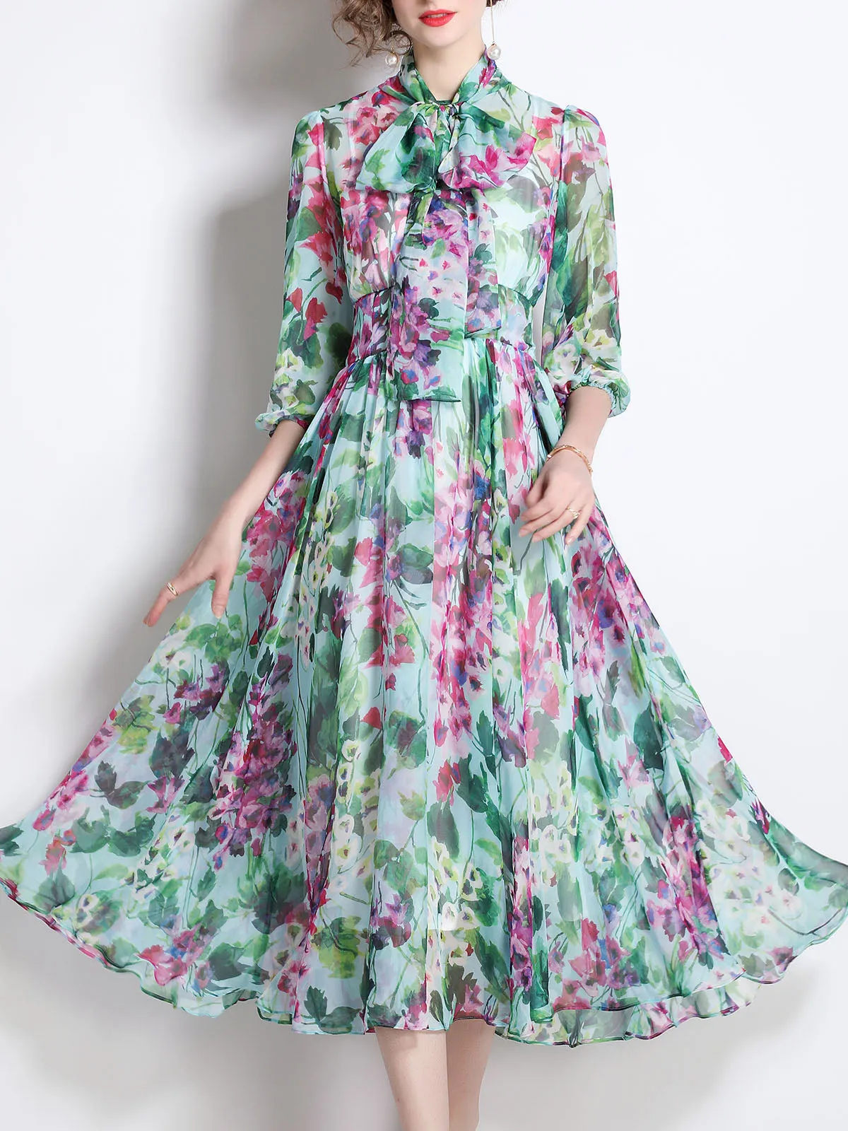 Floral Printed Bowknot Collar 3/4Sleeves Swing Beach Maxi Boho Dress