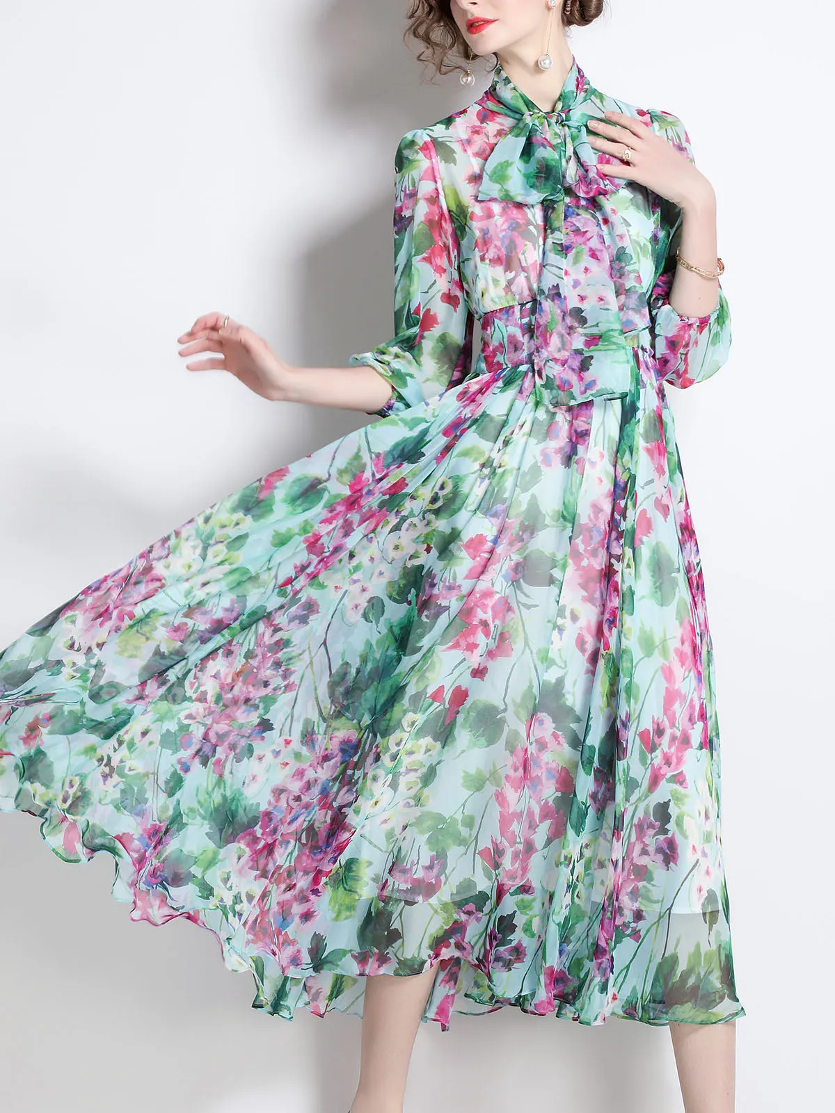 Floral Printed Bowknot Collar 3/4Sleeves Swing Beach Maxi Boho Dress