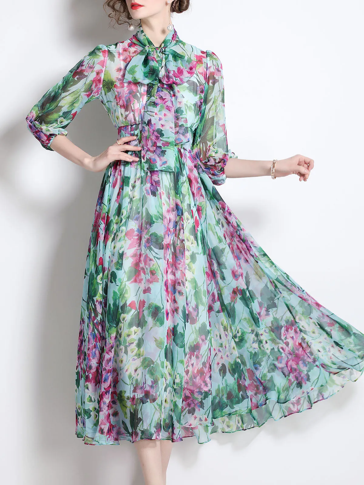 Floral Printed Bowknot Collar 3/4Sleeves Swing Beach Maxi Boho Dress