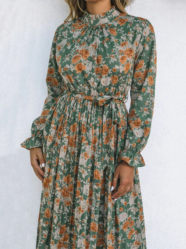 Floral Printed High Waist Crewneck Long Sleeves Maxi Boho Dress